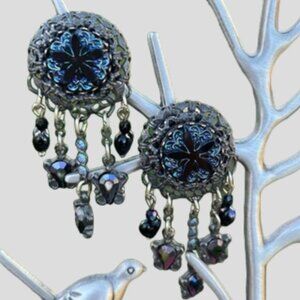 Vintage Banana Bob Silver Blue Iridescent Stone Starfish Dangle Clip On Earrings